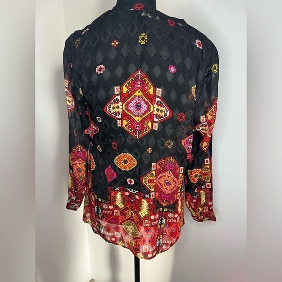 KATE SPADE BLACK/RED/PINK MEDALLION BUTTON UP ELEGANT BLOUSE WOMENS SIZE MEDIUM - Picture 8 of 10